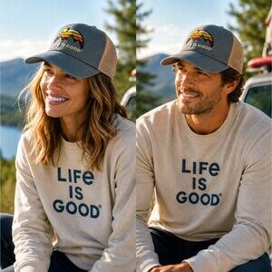 Life is Good Retro Mountain Trucker Hat Slate Gray Mesh Snapback Cap Cotton NWT